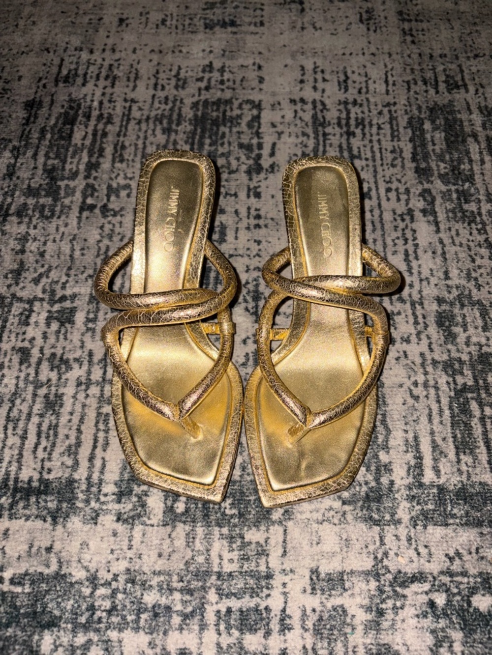 Jimmy Choo Metallic Gold Twist-Strap Square-Toe Sandals